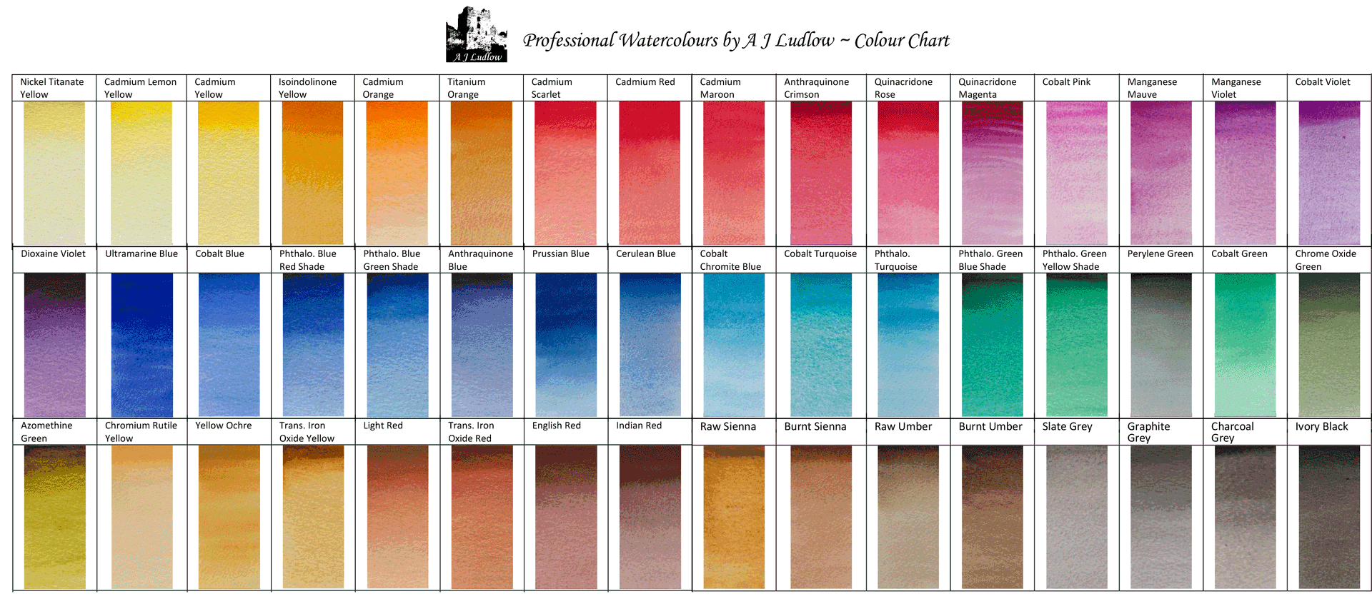 Colour Chart for 48 Single Pigment Watercolours by A J Ludlow 48 Professional Single Pigmented Professional Watercolours from A J Ludlow