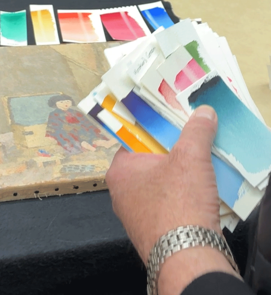 Comparing prepared swatches of A J Ludlow watercolours with the hues in Gwen John's paintings