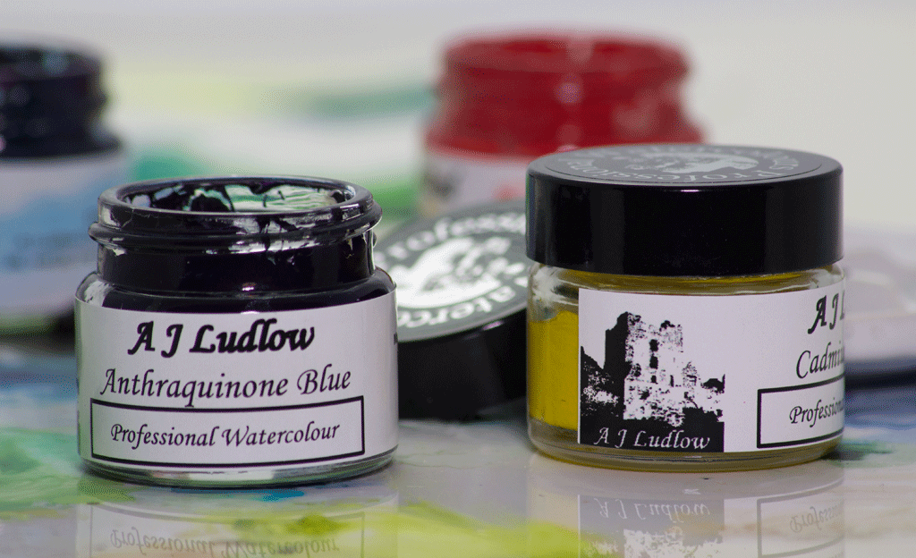 The distinctive glass jars of A J Ludlow Professional Watercolours Watercolour paints in a glass jar handmade by A J Ludlow