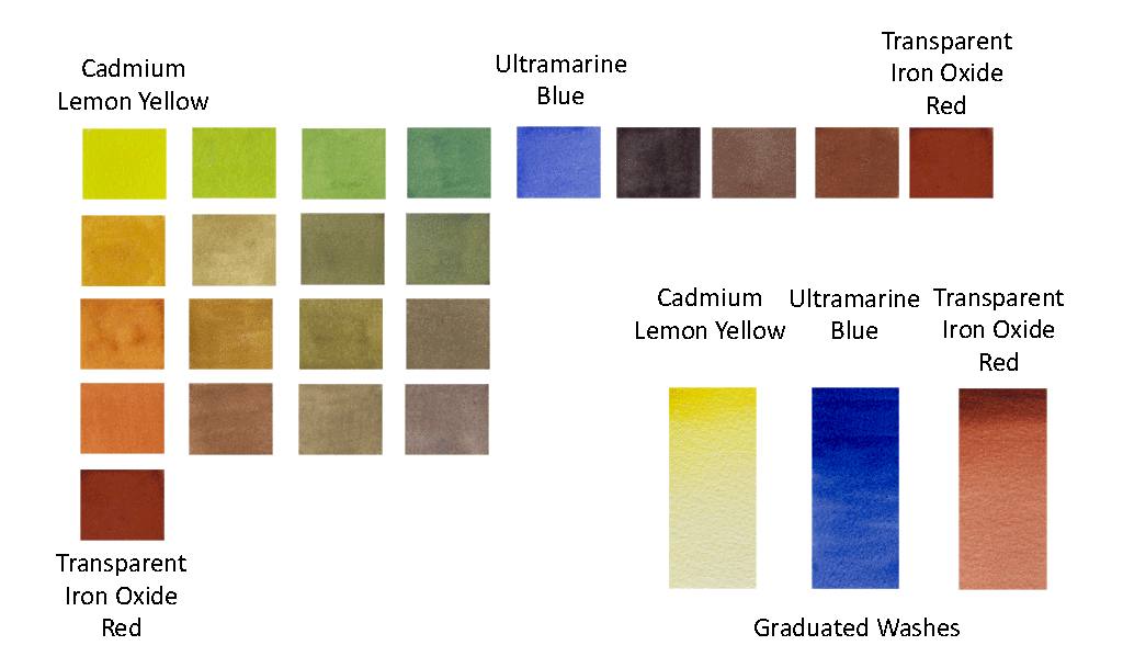 The myriad of possible hues from mixes of just three colours can be extended further by the shade differences in mass and undertones of the primary colours. Secondary and tertiary hues from mixes of three A J Ludlow Professional Watercolour paints