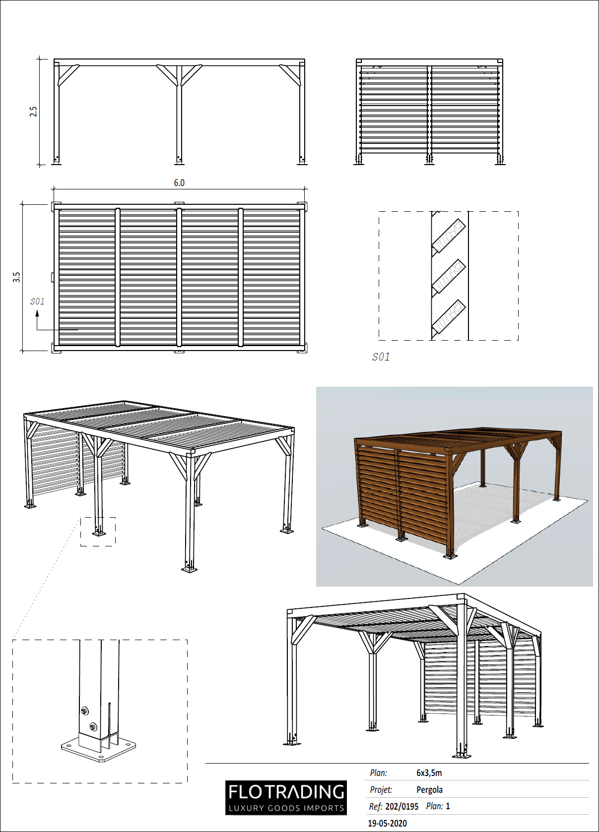 Plan 3D Pergola sur mesure en bois exotique. Le luxe par FLO TRADING.