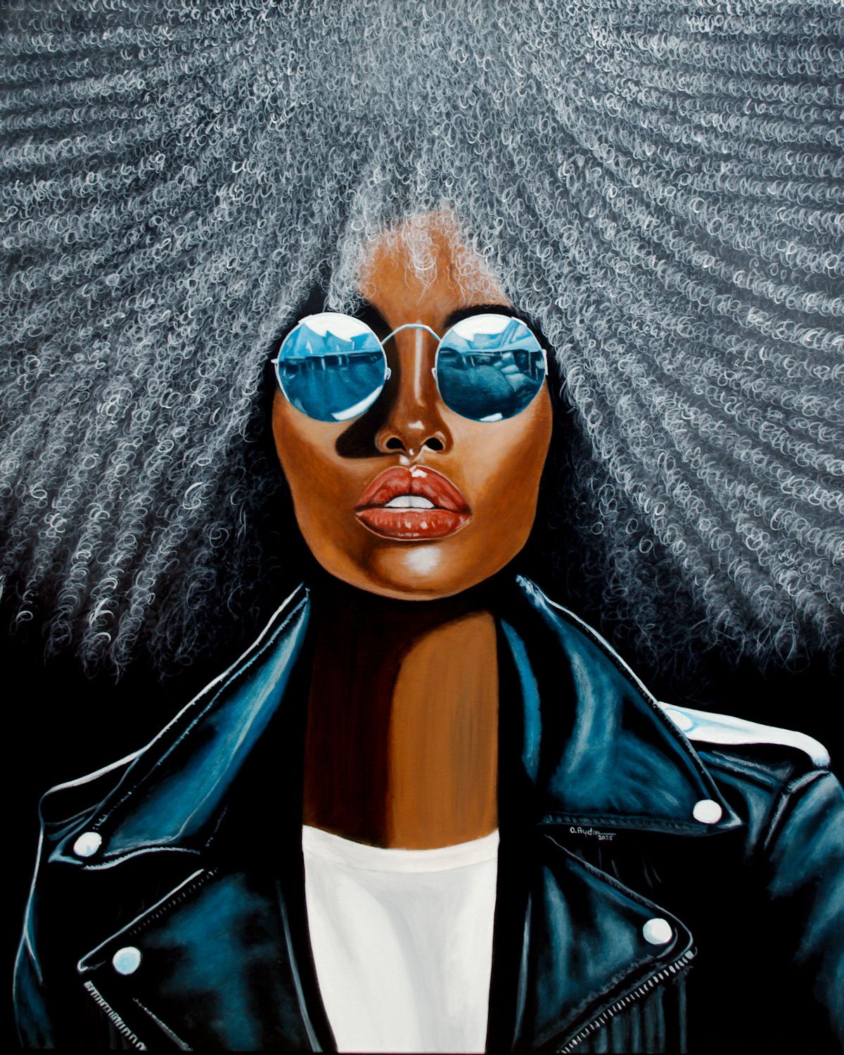 „Gemaltes Porträt – Curly Woman, auch bekannt als Curly Girl Art – modernes Kunstwerk einer Frau mit Locken, Lederjacke und Sonnenbrille.“