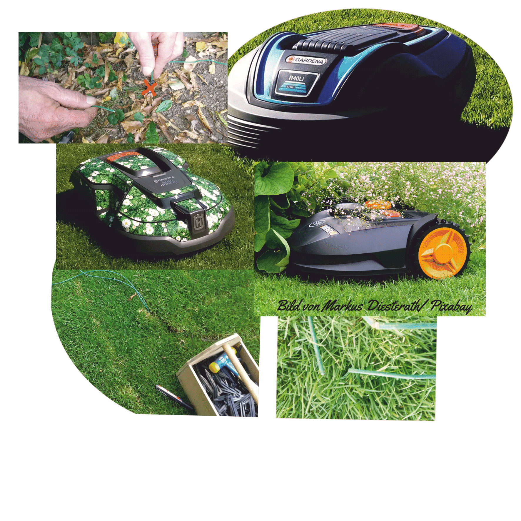 Alle sind uns lieb :-) manche mehr als Andere! Collage, Gardena Rasenroboter, Worx Landoid, Husqvarna 310, defektes Begrenzungskabel