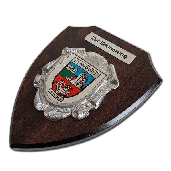 Aluminium-Wappen mit Wappenverzierung, Textschleifen oder Textbalken mit eigenem Wappen, Logo oder Motiv von der W. Schwemmlein GmbH für Bundeswehr, Polizei, Bundespolizei, Zoll, Organisationen, Vereine oder Privat.