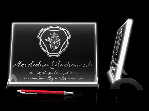 Glasfoto beleuchtet, Flachglas mit Gravur, Lasergravur, Glasinnengravur mit eigenem Wappen, Motiv oder Logo