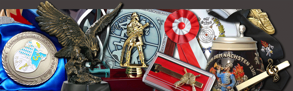 Zum Schwemmlein-Shop... Pokale, Trophäen, Figuren, Plaketten, Bierkrüge, Urkunden, Krawattenklammern, Dienstgradtassen, Namensstreifen, Schlüsselanhänger