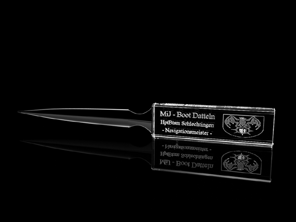 Brieföffner, Briefmesser aus Glas mit Glasinnengravur, mit eigenem Motiv, Foto, Wappen oder Schriftzug