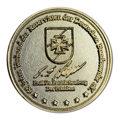 Münze, Coin in Gold Hochglanz 2D und 3D, sandgestrahlt mit eigenem Wappen, Motiv oder Logo von der W. Schwemmlein GmbH