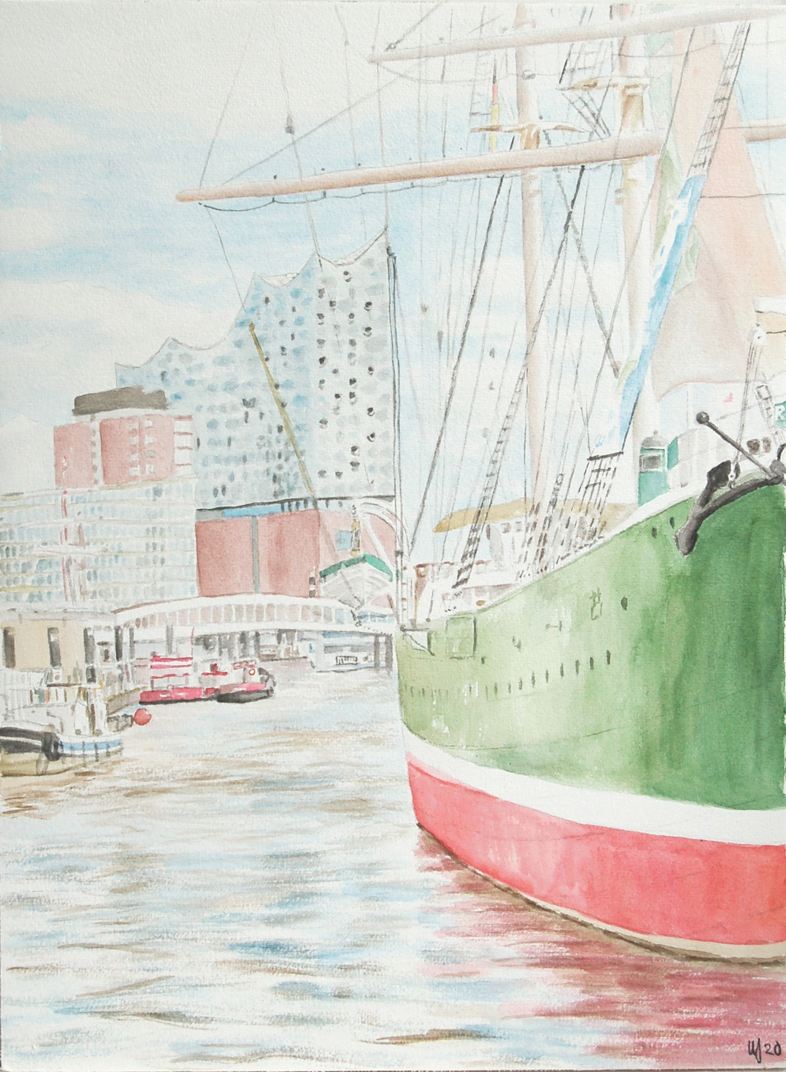 Aquarell Rickmer Rickmers + Elphi, 30x40 cm Hamburg Hafen Elphi Rickmer Rickmers Aquarell Original gemalt