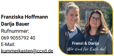 Direkte verlinkung zum CCVD Kummerkasten. Bild enthält bild von Franzi und Darija und die Telefonnummer.